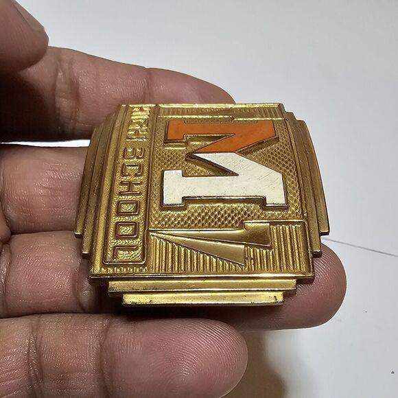 Vintage Invisible Made In The Usa Brass Belt Buckle "M HIGHSCHOOL" Orange White - Picture 5 of 9